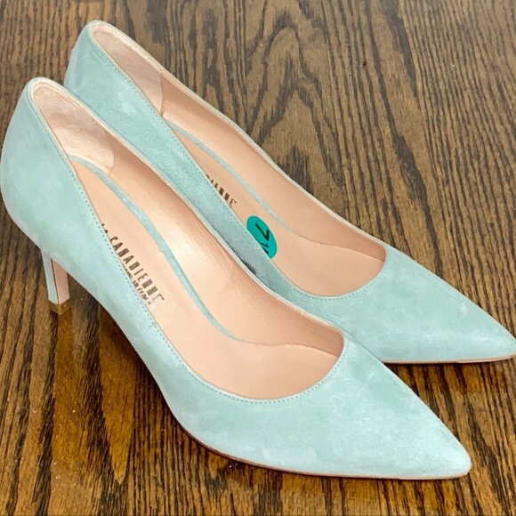 LA CANADIENNE Seafoam Suede Pointed Toe Stiletto Pumps EU 38.5 / US 7.5 - Picture 1 of 11